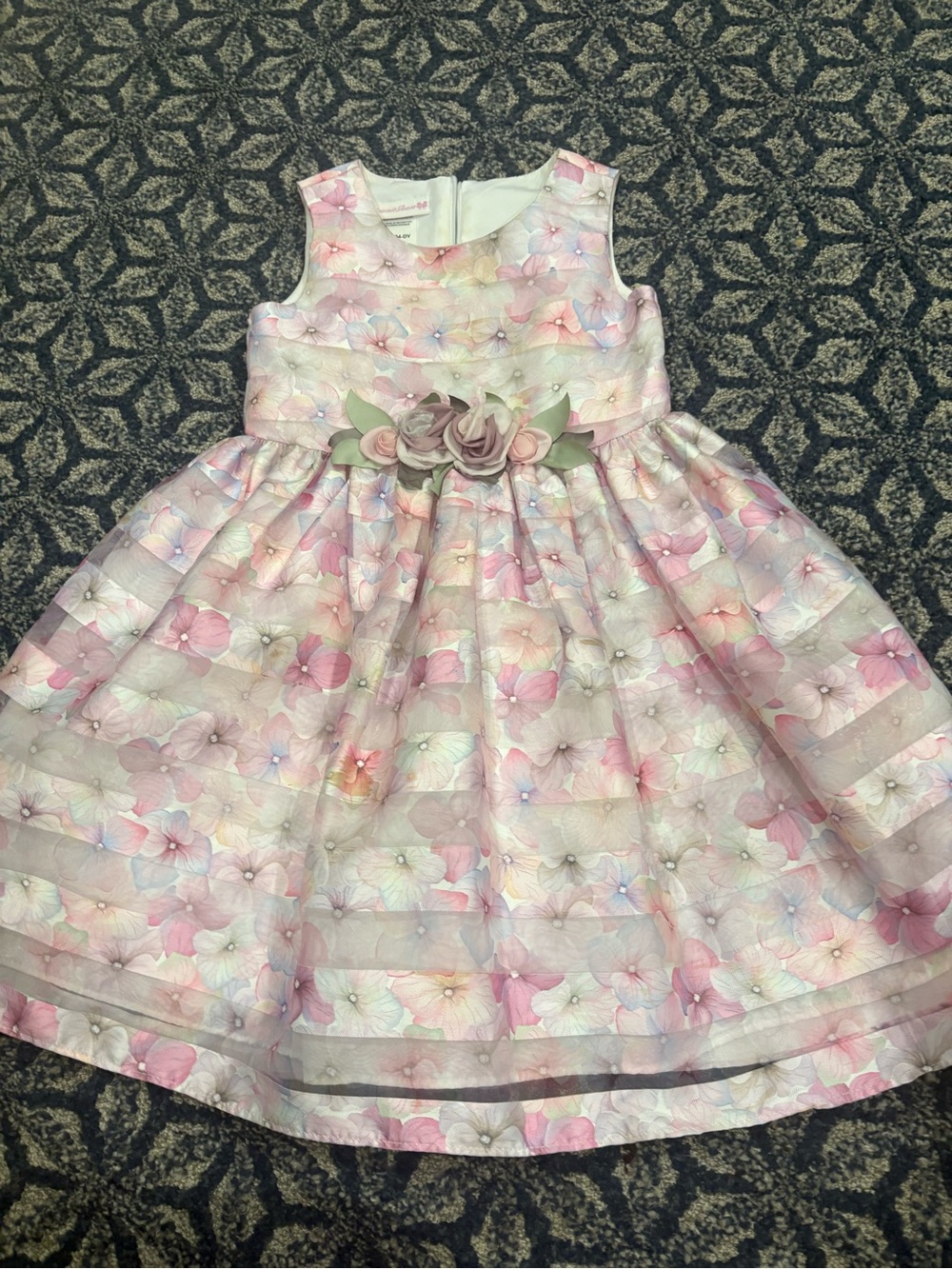 Bonnie Jean Pastel Pink Floral Party Dress with Rosette Waist